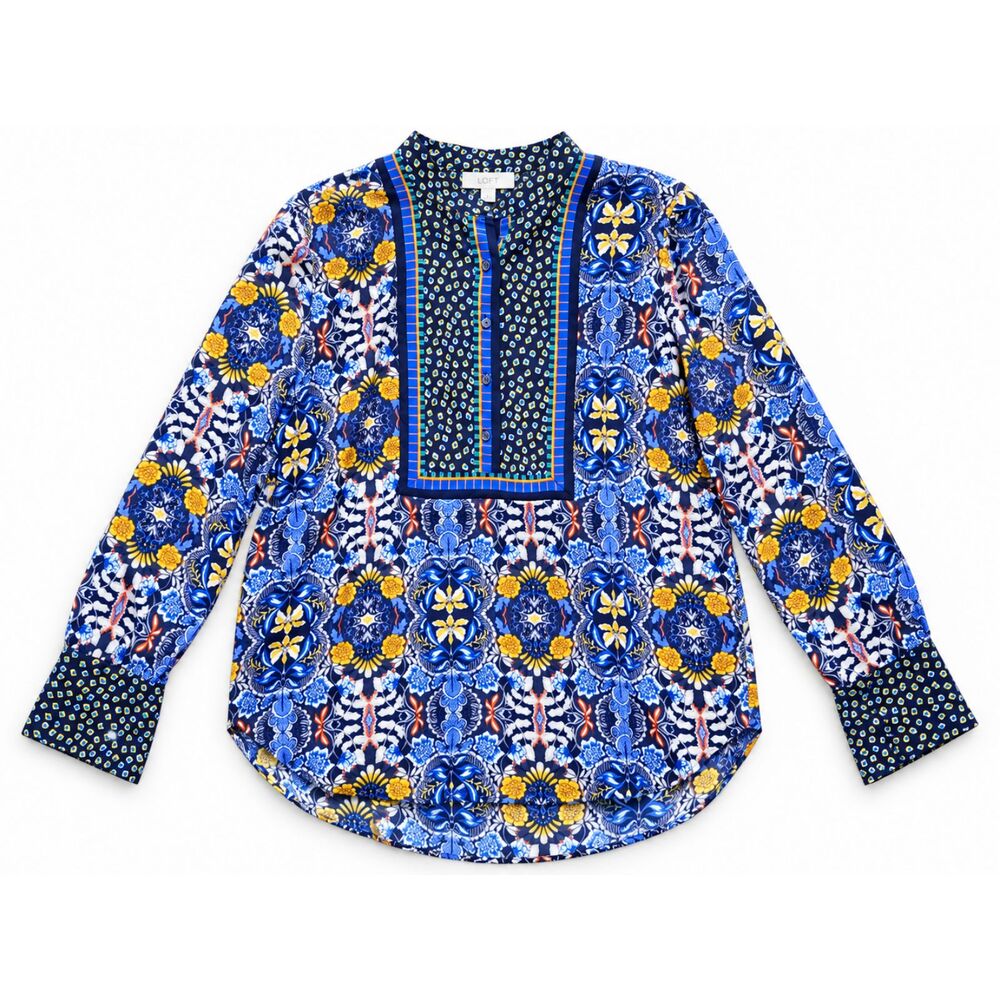 LOFT Women's Small L Blue Floral Blouse Yellow Long Sleeve Button Front Boho